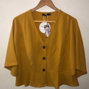 MUSTARD BUTTON UP CROP TOP BLOUSE